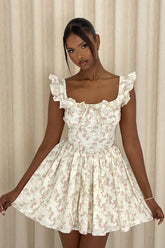 Ruffle Straps Floral Print Vacation A-Line Mini Dresses-Beige